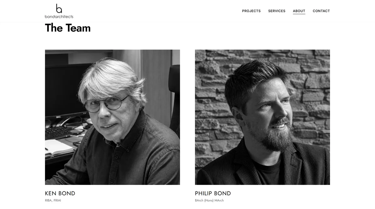 About page, The Team: black and white portraits of Ken Bond and Philip Bond side by side, with their names, qualifications and the start of each biography