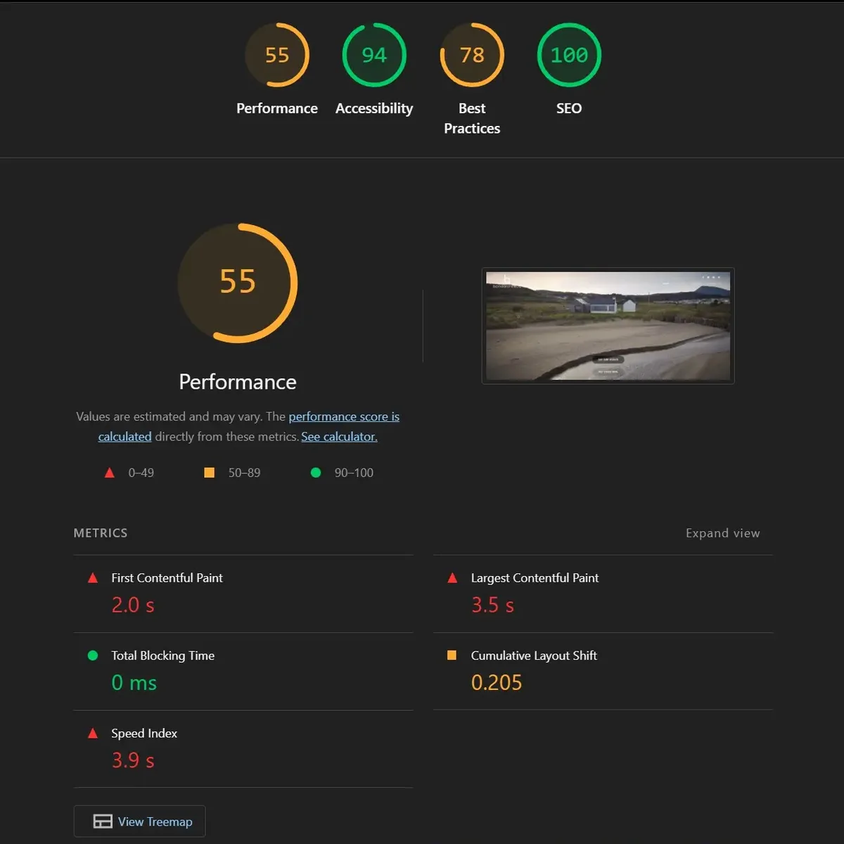 Lighthouse report for the old WordPress site: performance 55, accessibility 94, best practices 78, SEO 100, with Largest Contentful Paint 3.5 seconds and Cumulative Layout Shift 0.205