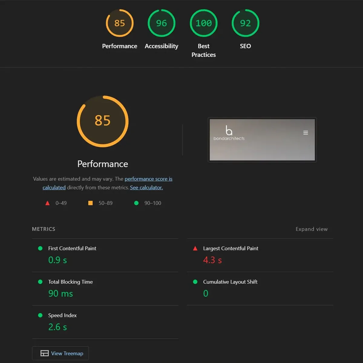 Lighthouse mobile report for the new site: performance 85, accessibility 96, best practices 100, SEO 92, with Largest Contentful Paint 4.3 seconds and Cumulative Layout Shift 0