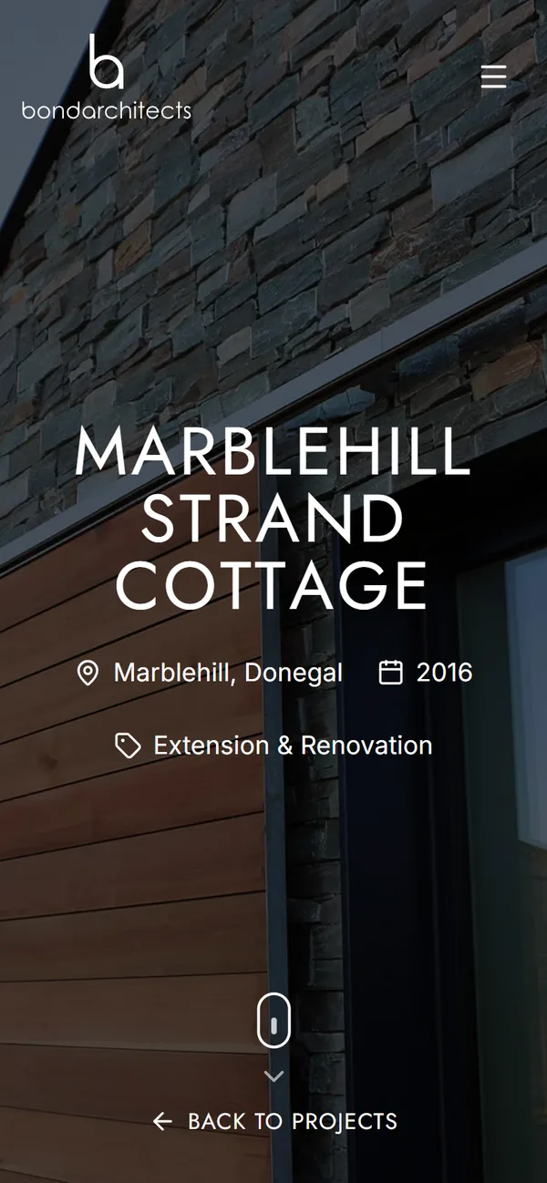Marblehill Strand Cottage on a phone: the project name in wide capitals over the cladding photograph, with Marblehill, Donegal, 2016 and Extension & Renovation beneath