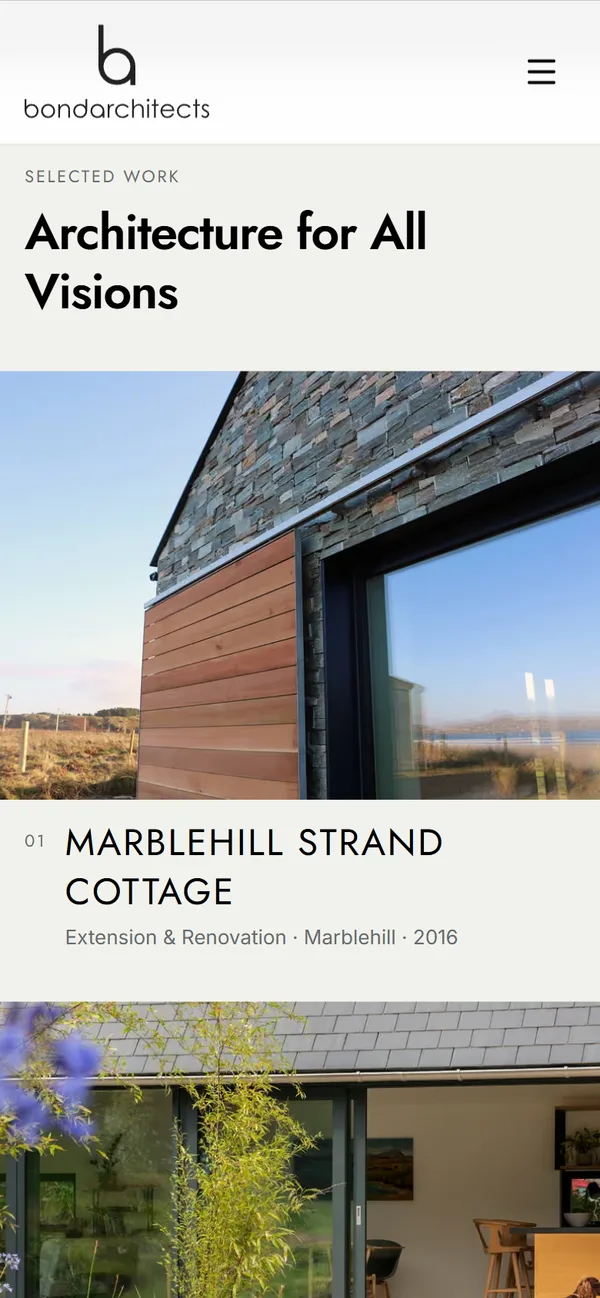 Bond Architects homepage on a phone: Selected Work and the heading Architecture for All Visions above a numbered, full-width photograph of Marblehill Strand Cottage with its work type, place and year