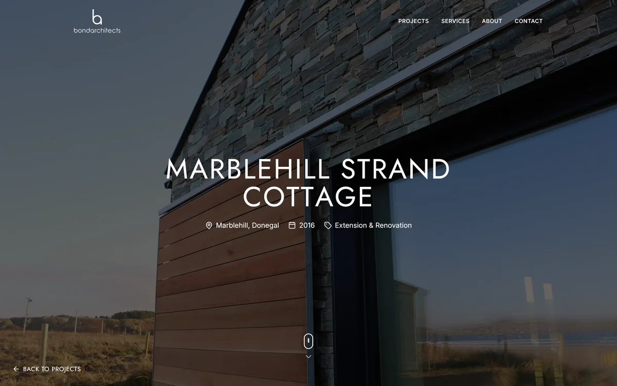 Marblehill Strand Cottage project page: the project name in wide capitals over a photograph of slate cladding, cedar shutters and a large window, with location, year and work type beneath