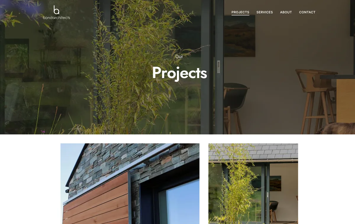 Bond Architects projects page: the word Projects in heavy white type over a photograph looking through a glazed sliding door past bamboo into a kitchen with timber stools, with the first two project photographs starting beneath