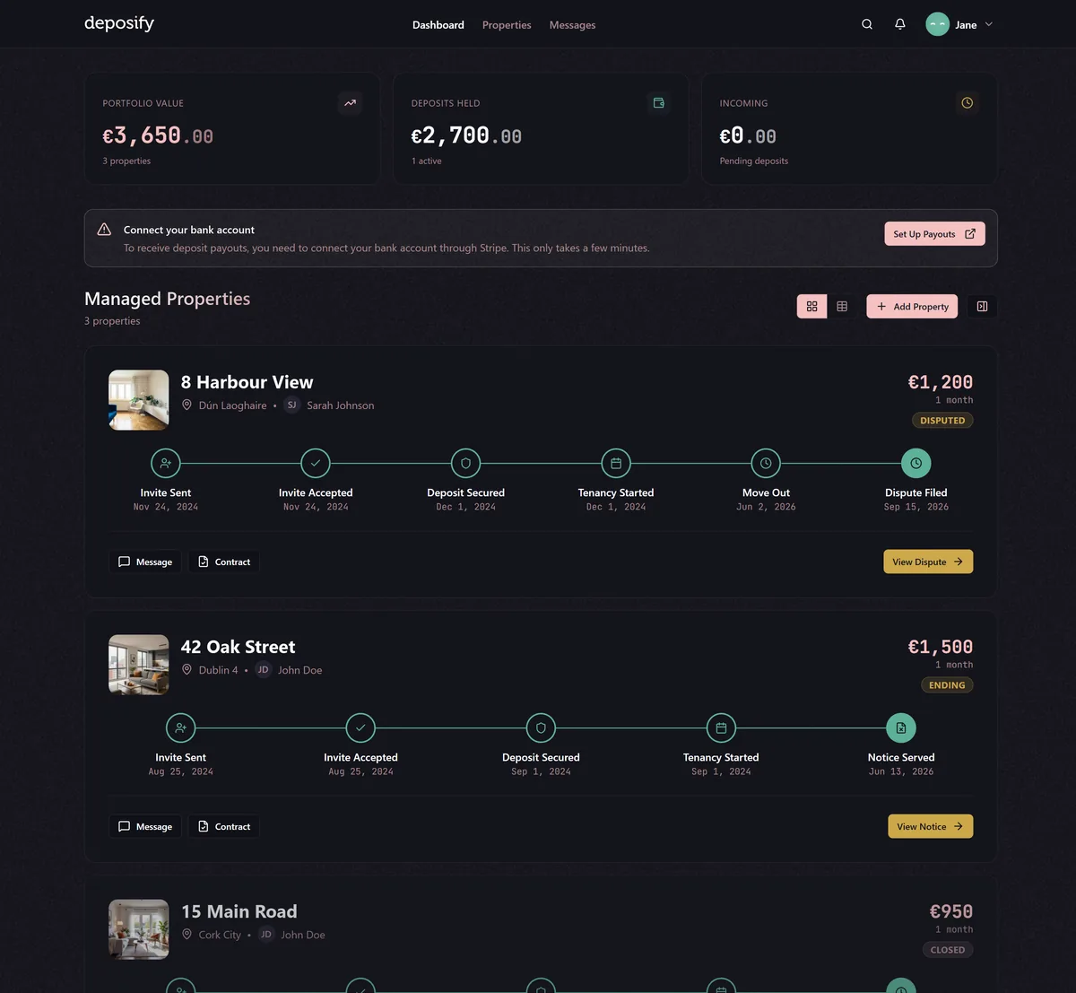 Landlord dashboard: portfolio value €3,650, two managed properties with six-step timelines, a tenant inbox and an attention-needed dispute alert