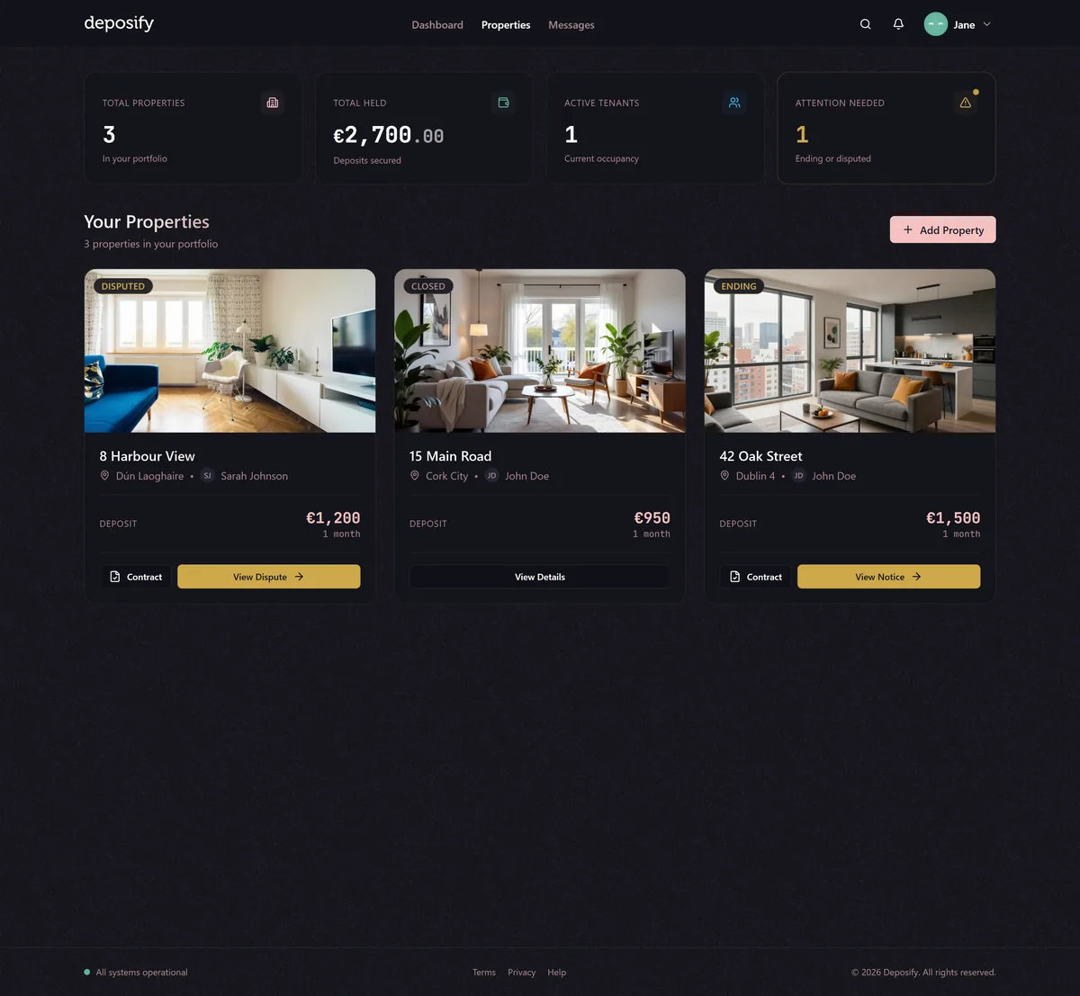 Landlord properties page, the pro view for landlords with several properties and for agencies: three property cards for 8 Harbour View, 15 Main Road and 42 Oak Street with deposit totals and status