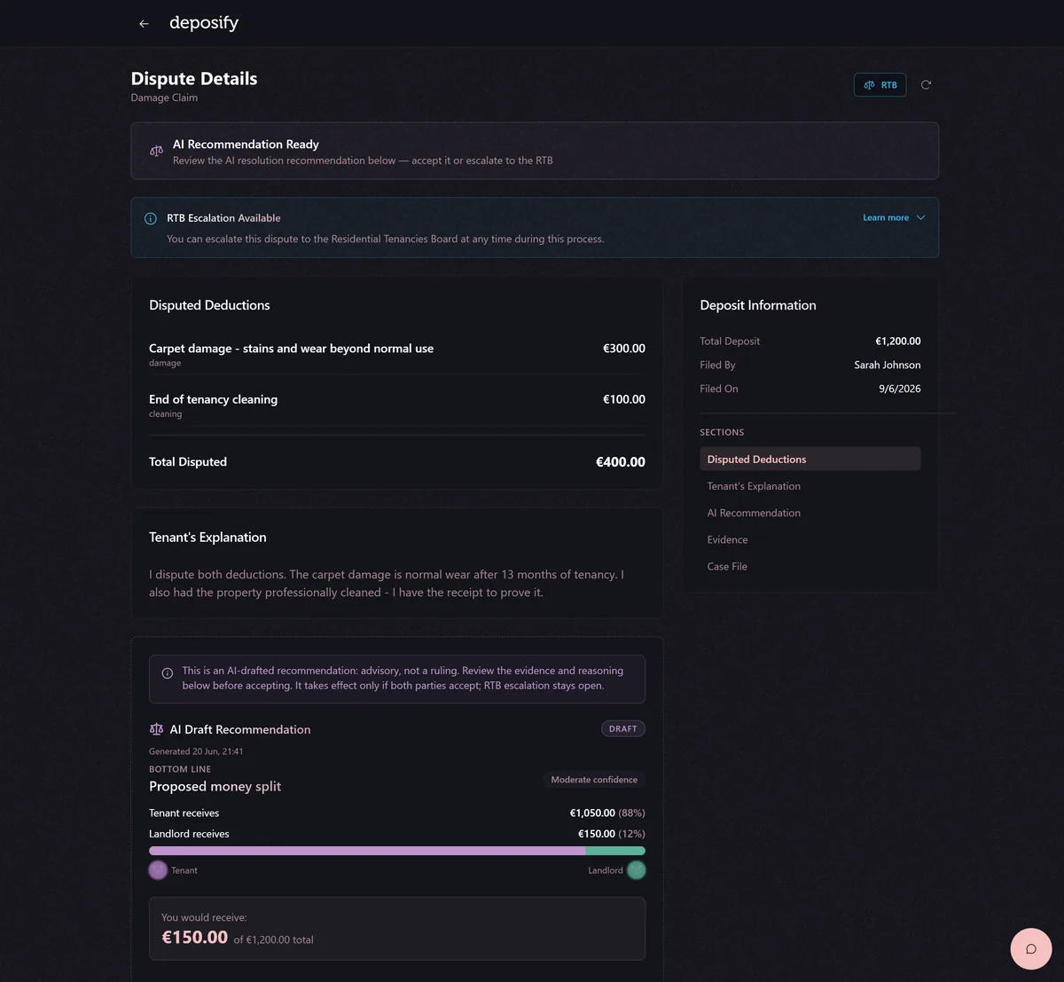 Landlord disputes tab for 8 Harbour View: an active €400 dispute with tenant statement, disputed deductions, and a progress line from Filed to Self Resolution