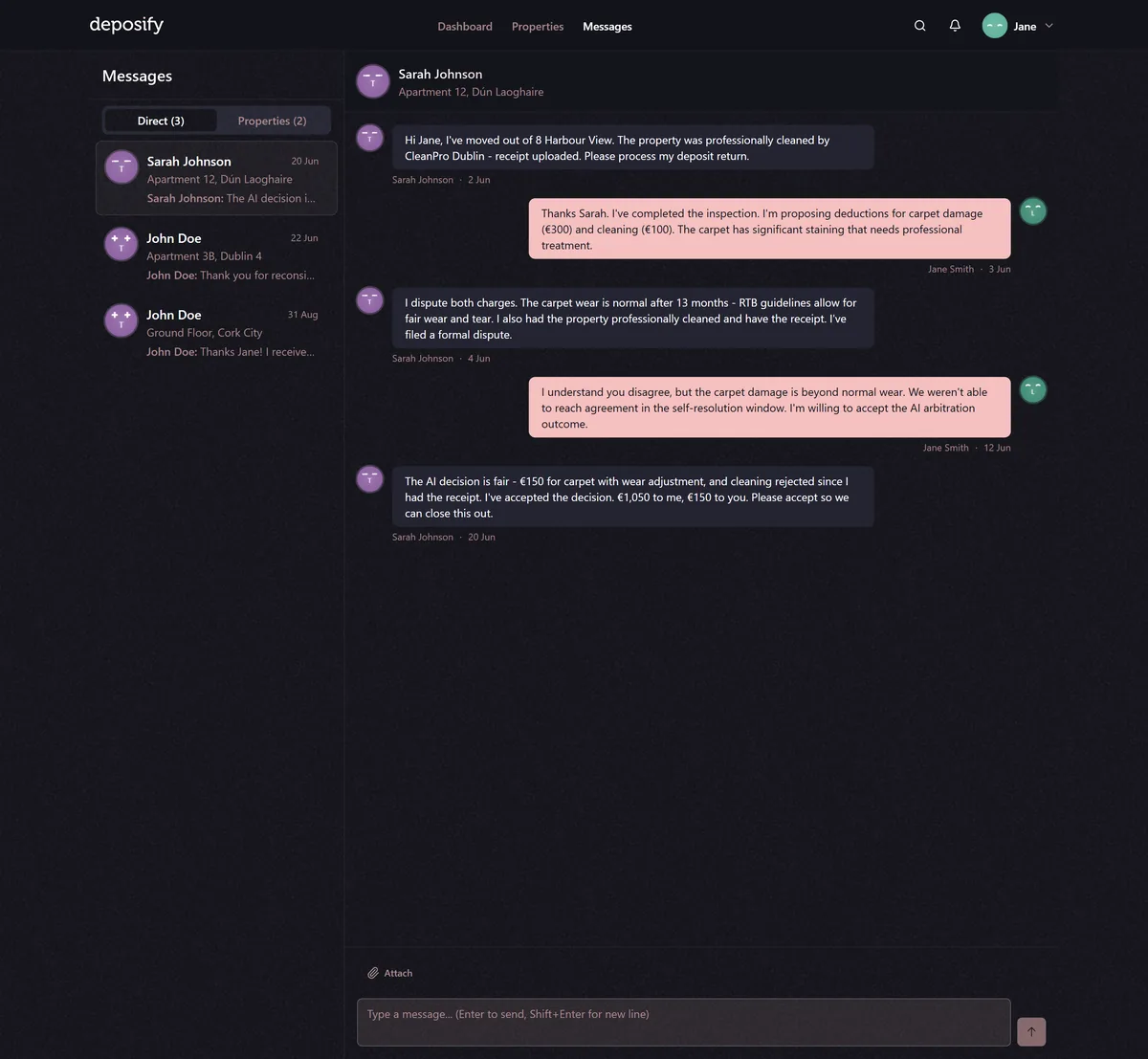 Landlord messages: a threaded dispute conversation about carpet deductions ending in an AI-assisted decision both parties can accept