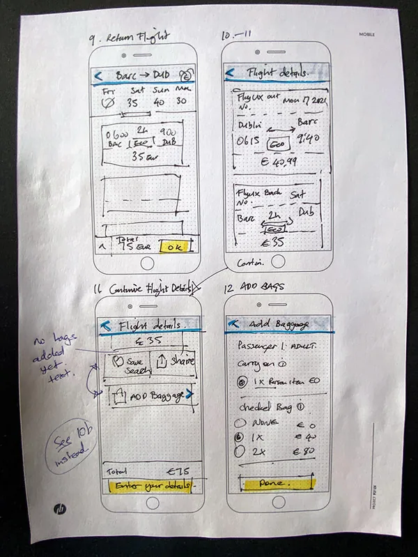 Paper sketches numbered 9 to 11: return flight, flight details and add bags