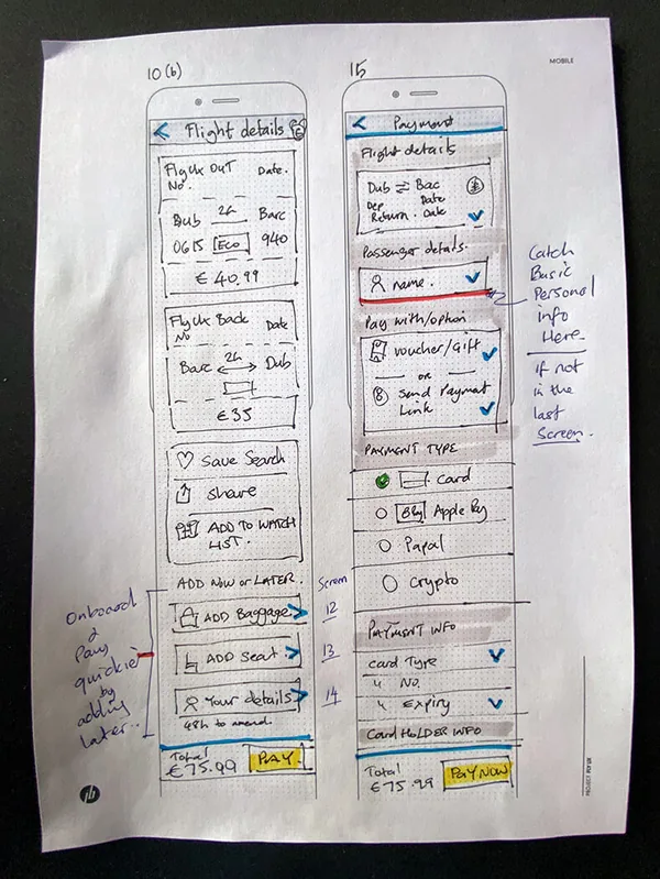 Paper sketches: flight details, passenger details and a payment form