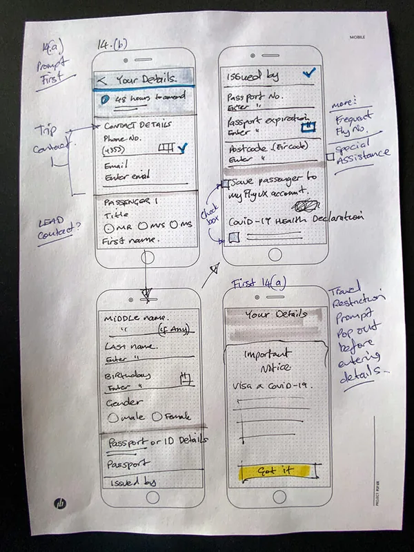 Paper sketches: your details, payment and a confirmation screen