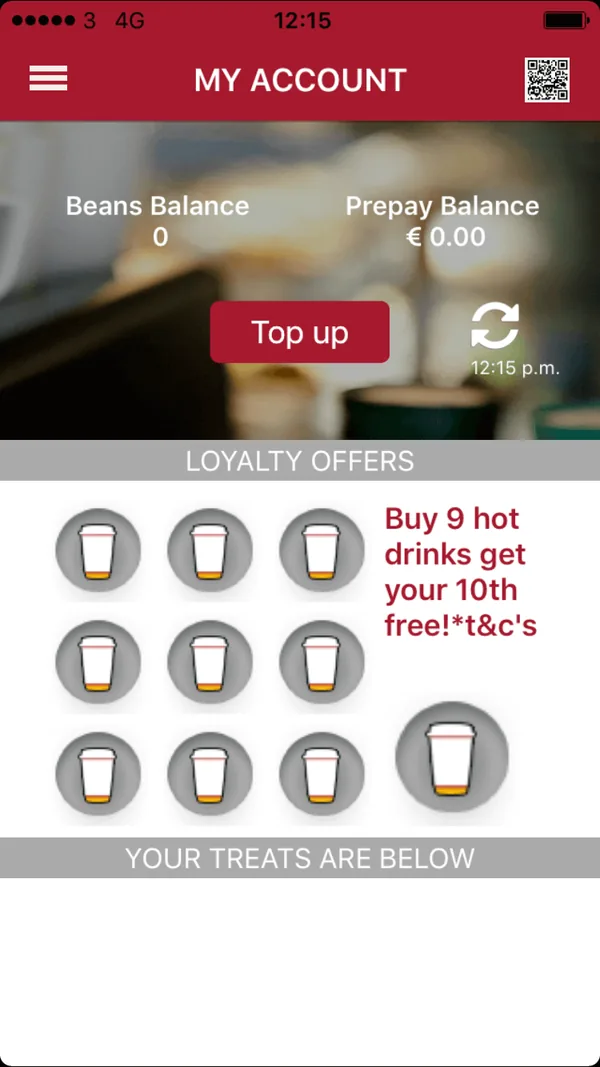 Legacy My Account screen: beans and prepay balances with a Top up button in a red header, and a grid of loyalty cup stamps offering the tenth hot drink free