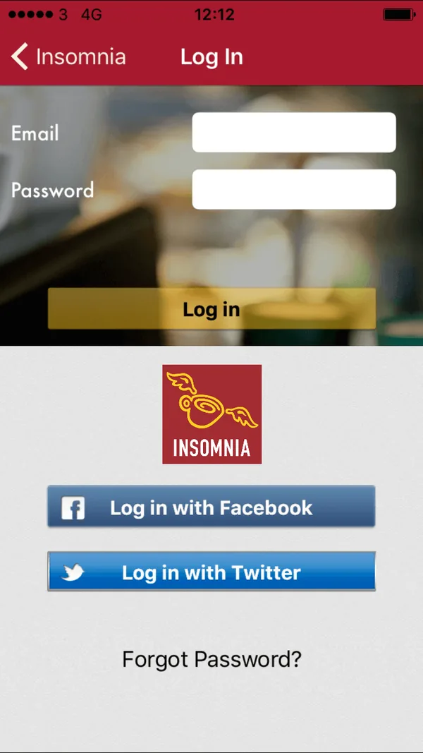 Legacy log in screen: email and password fields, a yellow Log in button, the Insomnia logo and Facebook and Twitter log in buttons