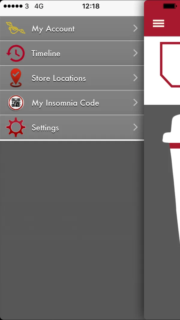 Legacy hamburger menu drawer listing My Account, Timeline, Store Locations, My Insomnia Code and Settings
