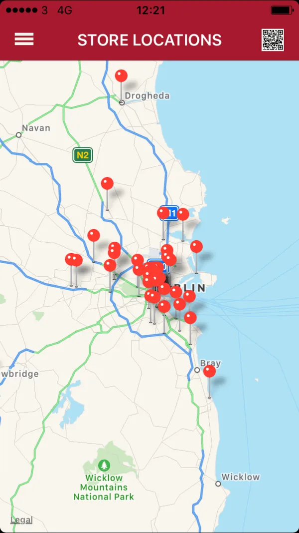 Legacy store locations screen: a map of Dublin and the east coast dotted with red pins