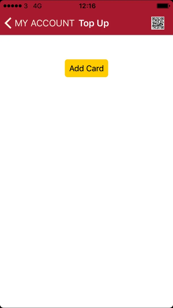 Legacy top up screen: an almost empty white page with a single yellow Add Card button