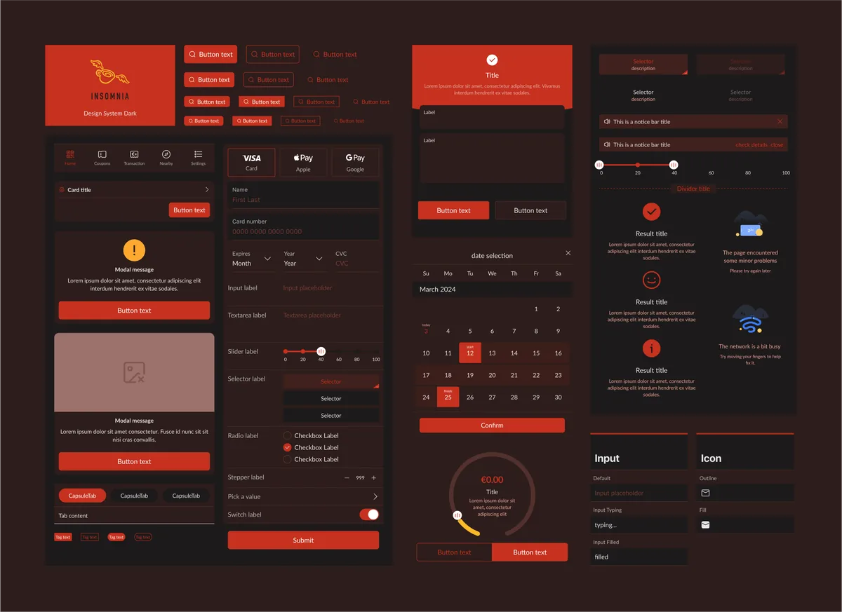 Insomnia design system, dark theme: the same components as the light board rendered on near-black with red accents