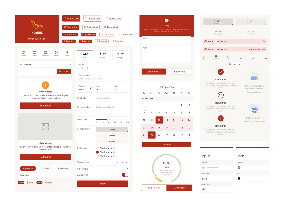 Insomnia design system, light theme: red brand tile, button variants, a tab bar, cards, modals, payment method tiles, form fields, a slider, selectors, checkboxes, a stepper, a date picker for March 2024, a payment ring, notice bars and result and error states on cream