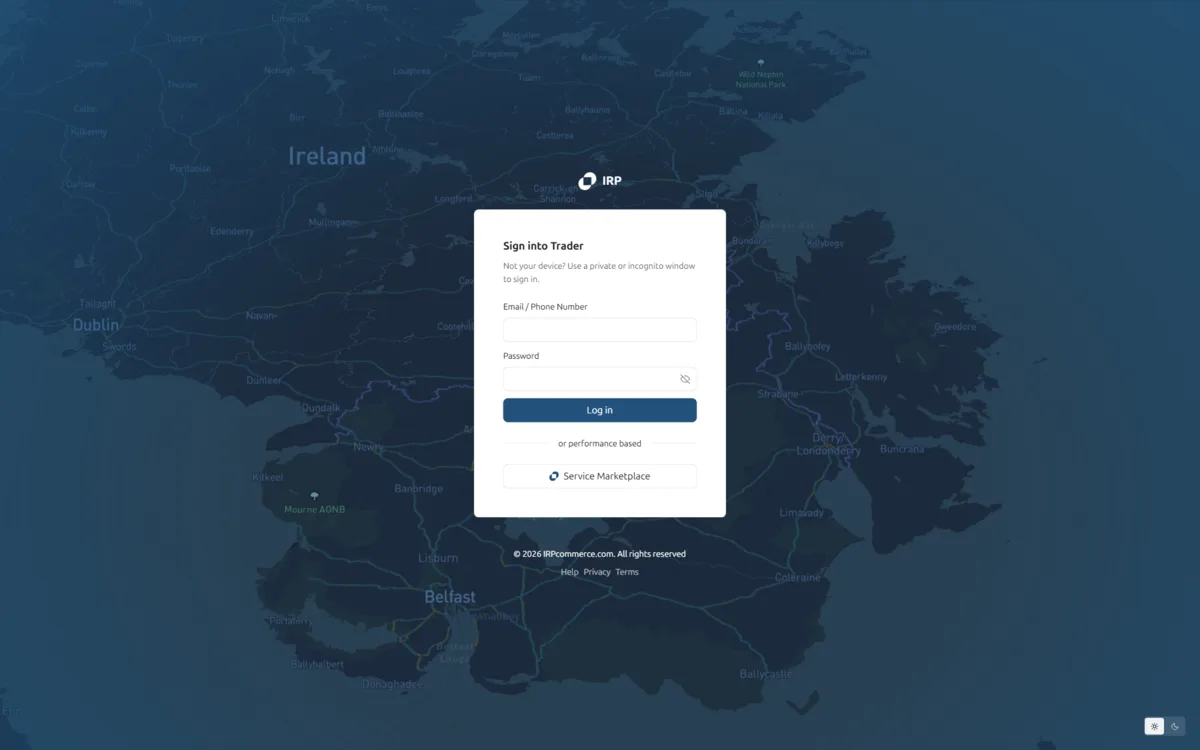 IRP Trader sign-in: a white card with email and password fields, a Log in button and a Service Marketplace option, over a dark blue map of Ireland