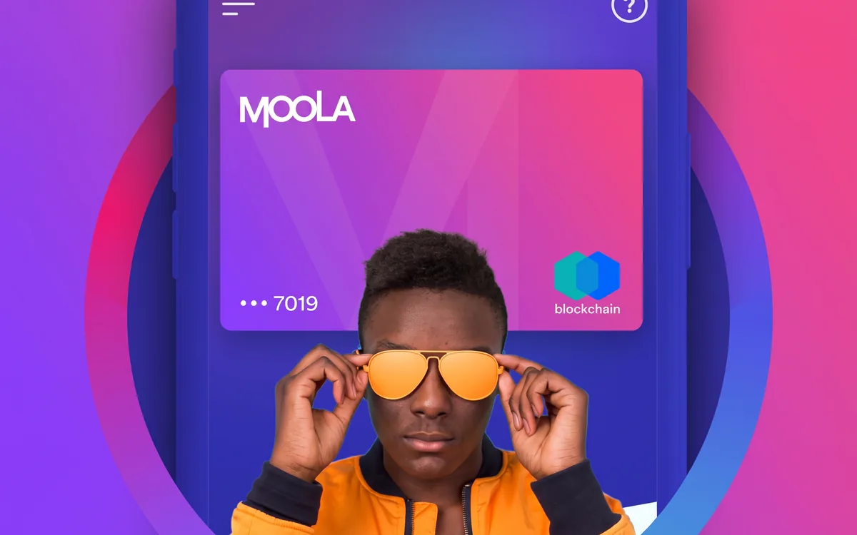 Three Moola mobile screens on white phones over lilac: Accounts with a €13,600 total balance, a Current Account transaction list, and a My Spending chart