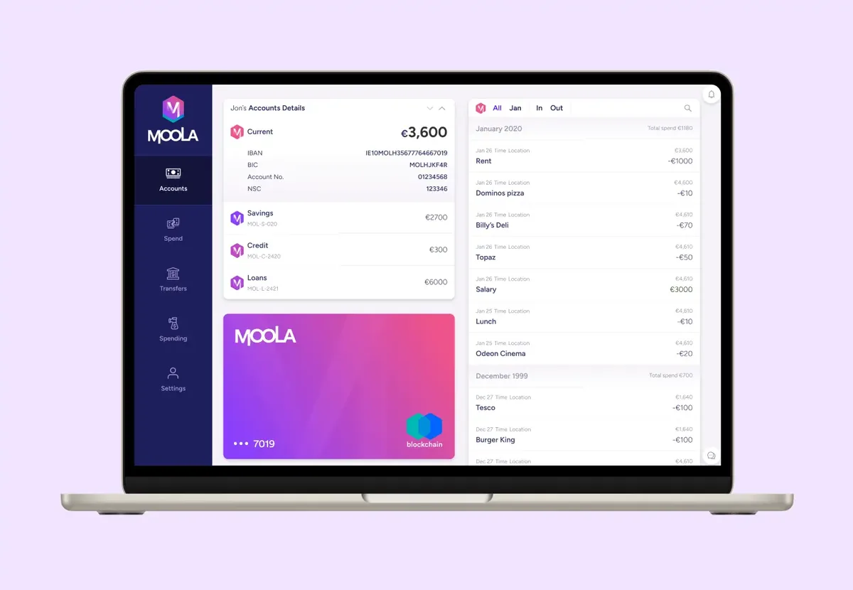 Moola Current Account at desktop: a €3,600 balance with IBAN details, a filterable January transaction list and a gradient Moola card