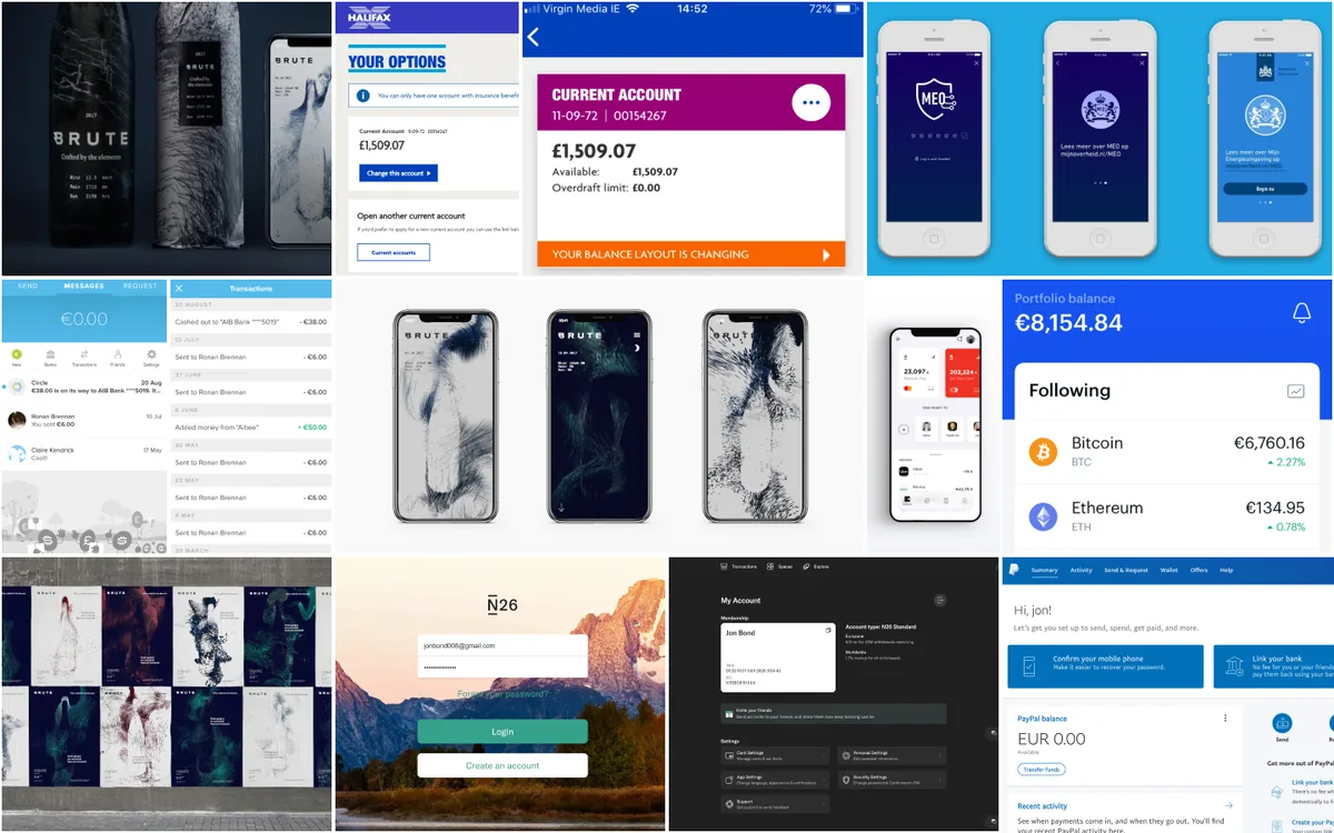 Clear references moodboard: sparse banking and payment screens with generous white space and a single accent colour
