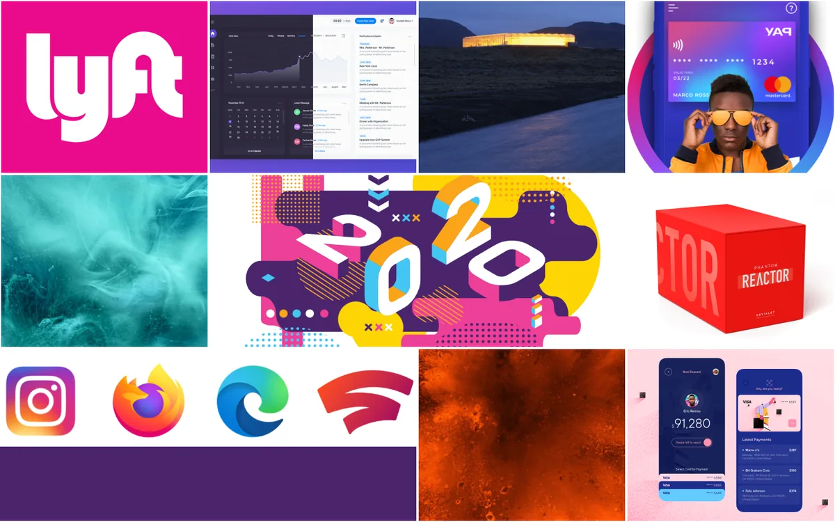 Colour references moodboard: magenta, purple and teal gradients, the Lyft pink, and vivid poster and packaging colour