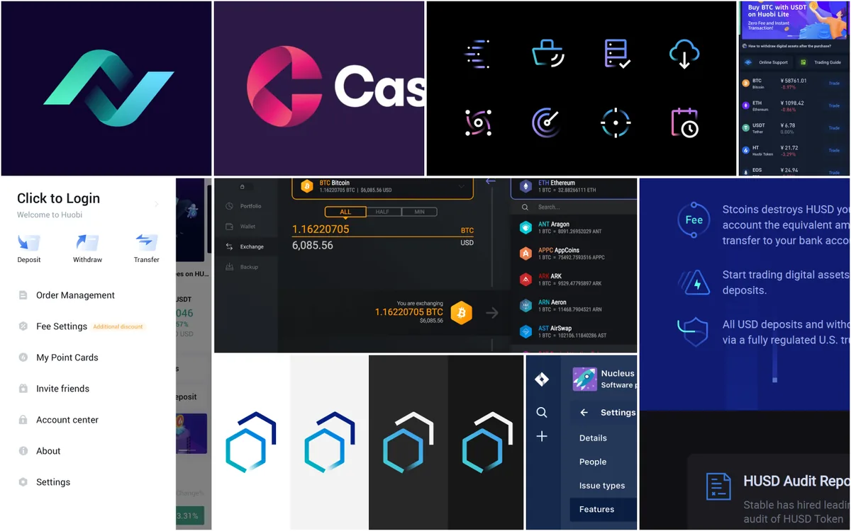 Iconography references moodboard: gradient line icons, hexagonal logo marks and a crypto exchange icon set
