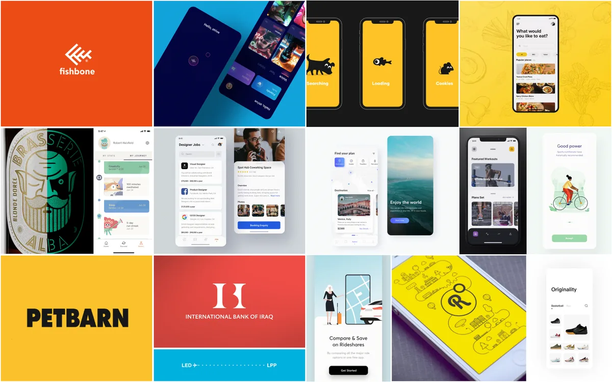 Playful references moodboard: bright orange, yellow and teal app screens, bold wordmarks and illustrated onboarding