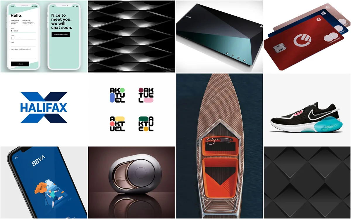 Shape references moodboard: soft rounded cards and devices, faceted surfaces and a boat hull