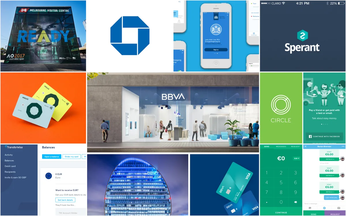 Trustworthy references moodboard: established bank brands, blue account screens, a bank branch and secure card imagery