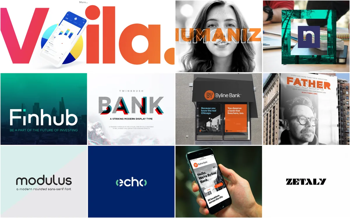 Typography references moodboard: display wordmarks, a rounded sans-serif specimen and editorial bank advertising