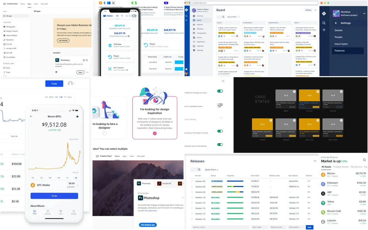 UI references moodboard: dashboards, crypto wallets, card state variations and release tables in light and dark themes