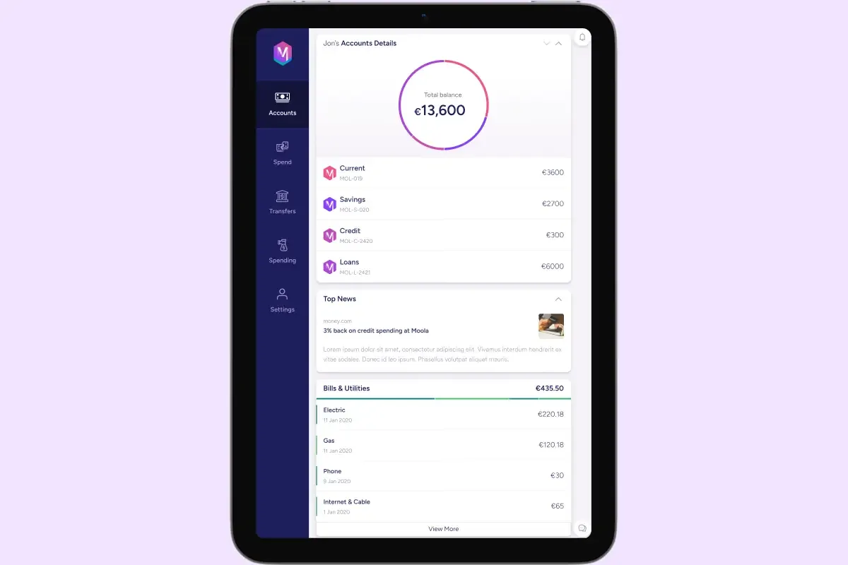 Moola My Accounts at tablet size: the same rail and balance ring with the account list, top news and bills stacked in one column