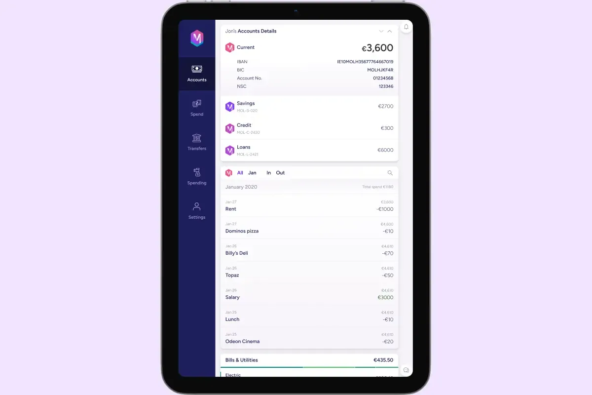 Moola Current Account at tablet size: balance and account details above the transaction list
