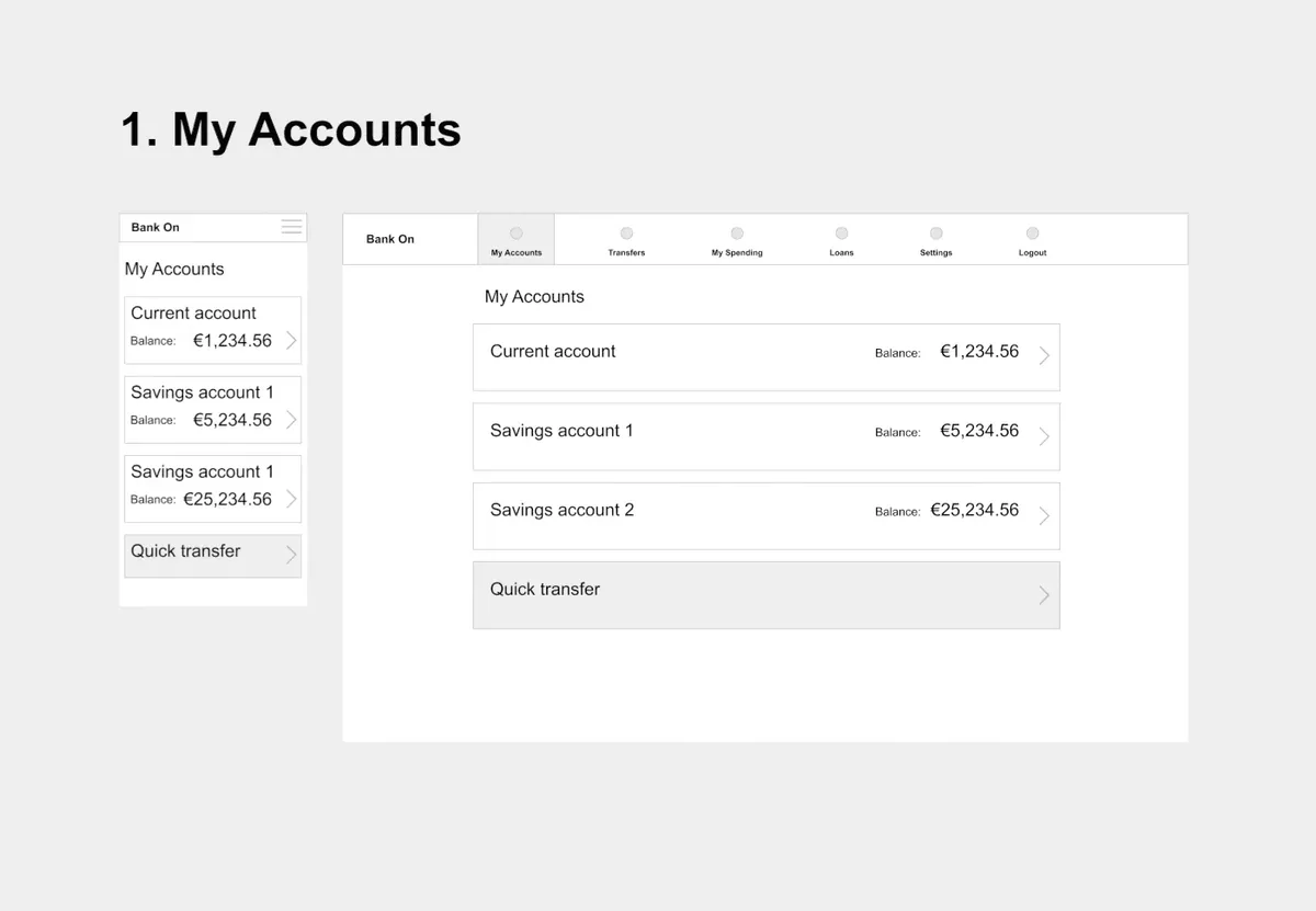 Supplied wireframe for My Accounts: a mobile and a desktop layout listing current and savings accounts with balances and a quick transfer