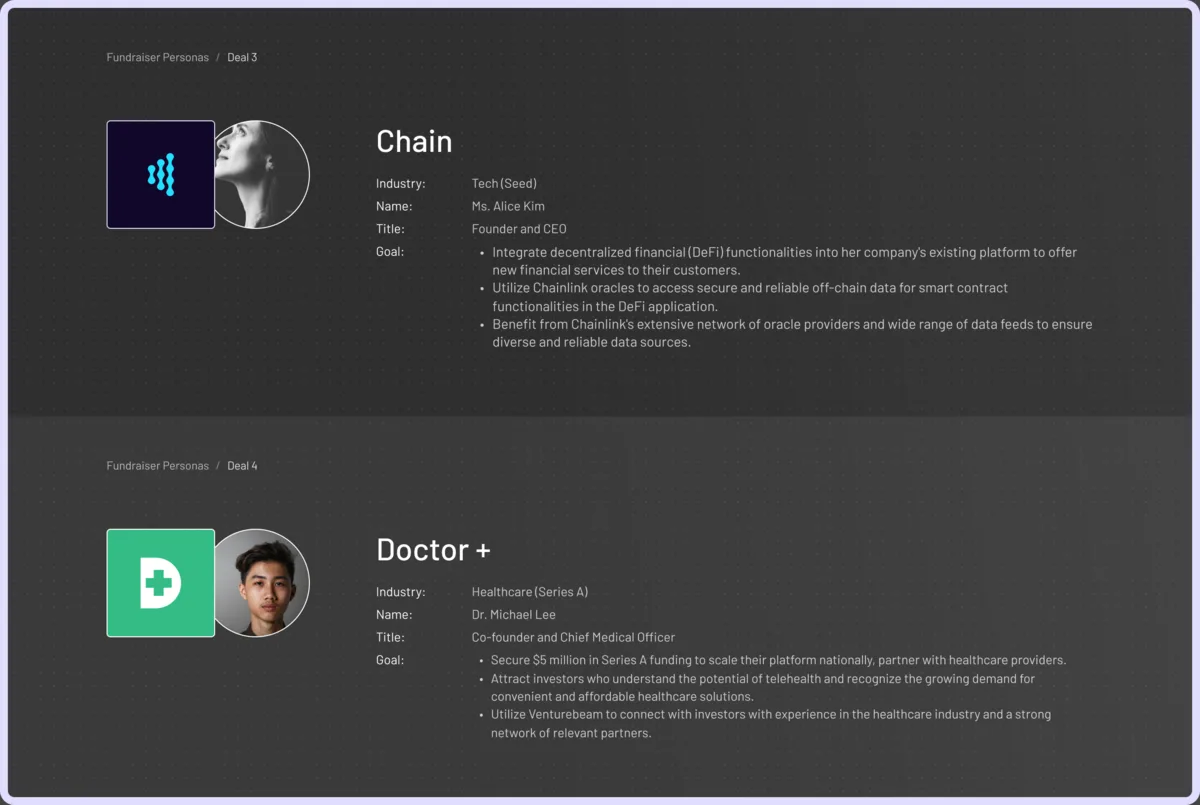 Two fundraiser personas on dark: Chain, Alice Kim, founder and CEO, seed stage, adding decentralised finance features to an existing platform; and Doctor Plus, Dr Michael Lee, co-founder and chief medical officer, raising five million dollars in Series A to scale a telehealth platform nationally