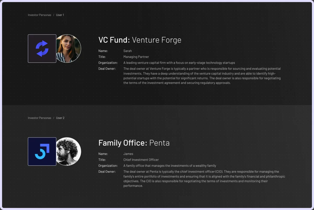 Two investor personas on dark: VC Fund, Venture Forge, Sarah, managing partner, sourcing and evaluating early-stage technology investments; and Family Office, Penta, James, chief investment officer, managing a wealthy family's portfolio and negotiating investment terms