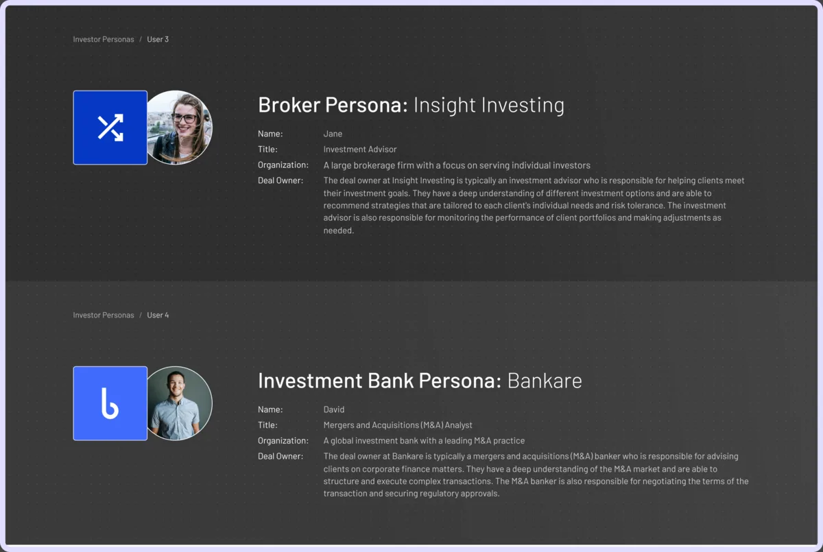 Two investor personas on dark: Broker, Insight Investing, Jane, investment advisor serving individual investors; and Investment Bank, Bankare, David, M&A analyst structuring and executing transactions