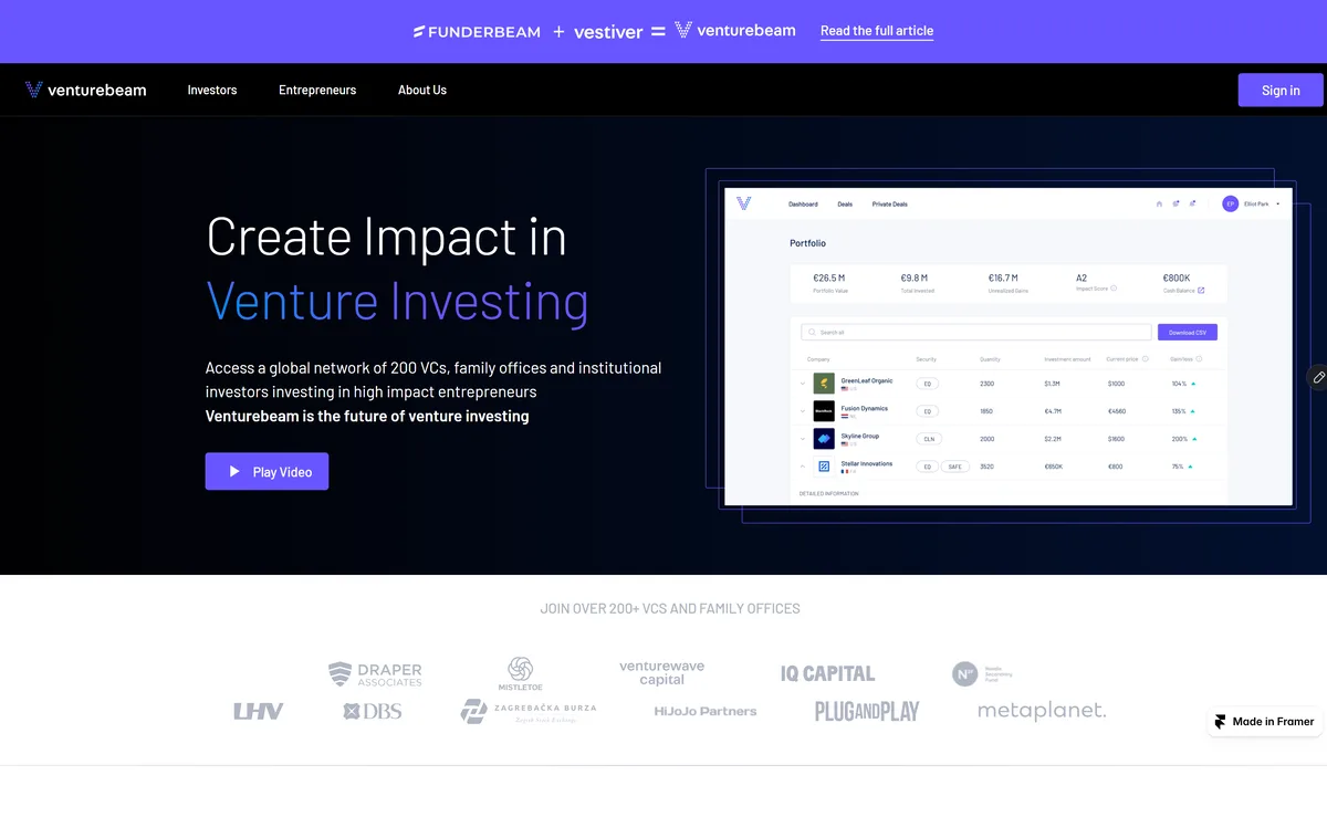 The Venturebeam website's first viewport: a purple announcement bar about the Funderbeam and Vestiver merger, a black navigation with Investors, Entrepreneurs and About Us, the headline Create Impact in Venture Investing beside a portfolio dashboard mock, and a band of investor logos below