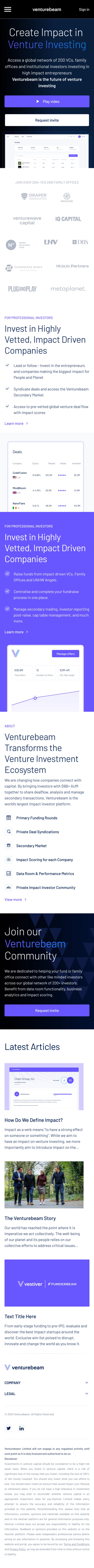 The full Venturebeam home page at phone width as one tall sheet: the merger announcement bar, the headline Create Impact in Venture Investing, investor logos, sections for professional investors and for entrepreneurs, the ecosystem overview, the community invitation, latest articles and the footer
