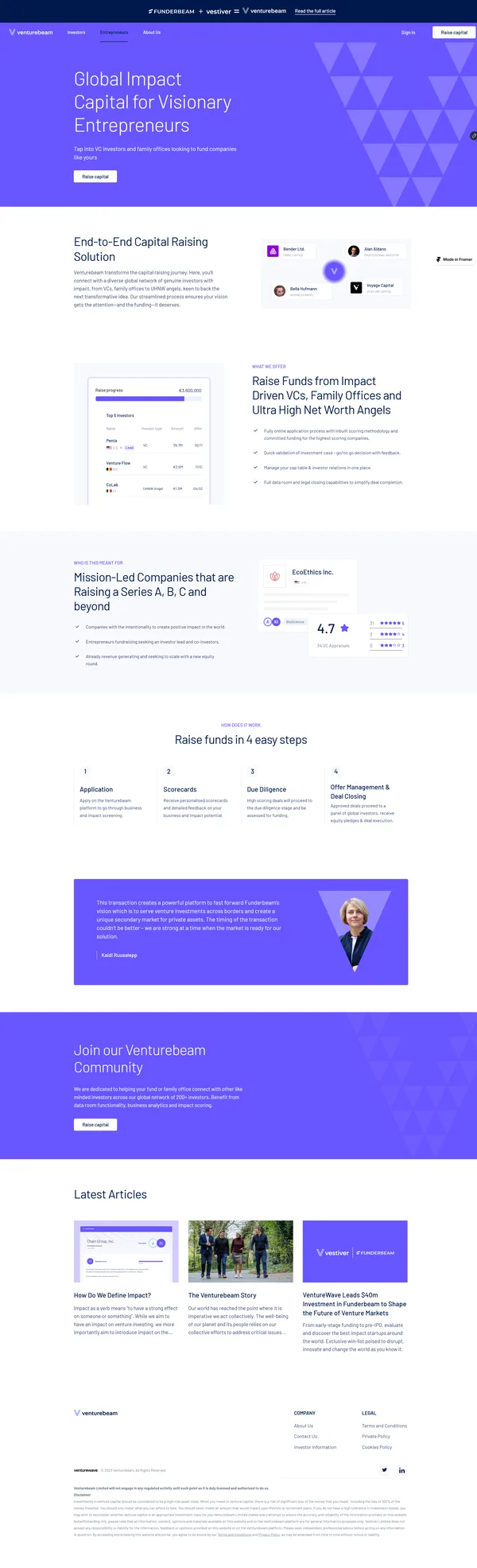 The full Entrepreneurs page as one tall sheet: a purple hero reading Global Impact Capital for Visionary Entrepreneurs, an end-to-end capital raising section, a four-step raise process, a testimonial, the community invitation and articles