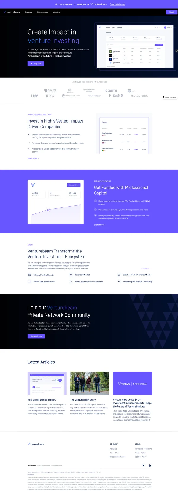 The full Venturebeam home page as one tall sheet: hero, investor logos, sections for professional investors and for entrepreneurs, an ecosystem overview, a private network community invitation, latest articles and the footer