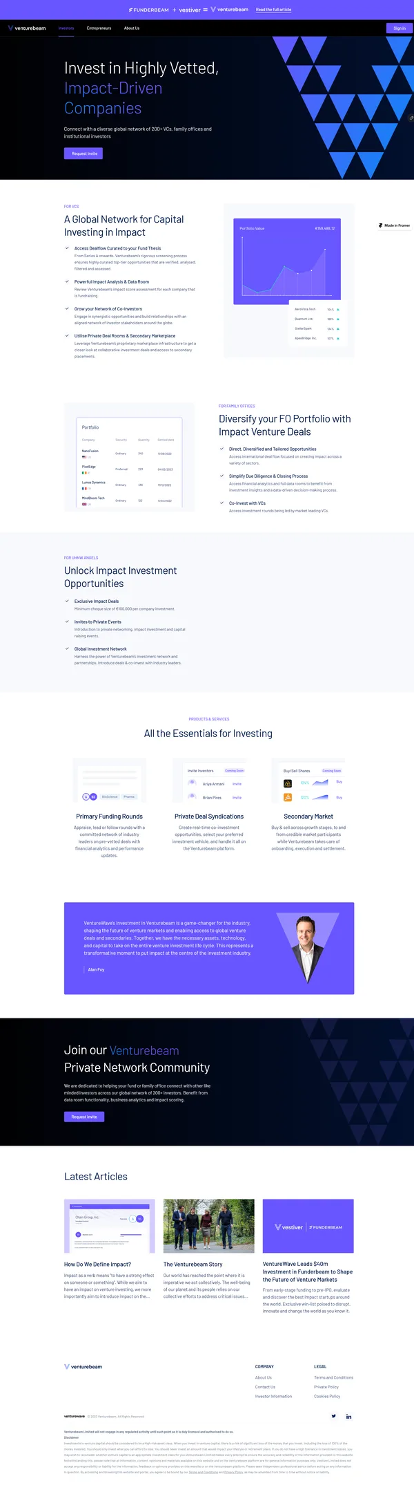 The full Investors page as one tall sheet: a dark hero reading Invest in Highly Vetted, Impact-Driven Companies, sections for VCs, family offices and angels, an essentials grid, a testimonial, the community invitation and articles