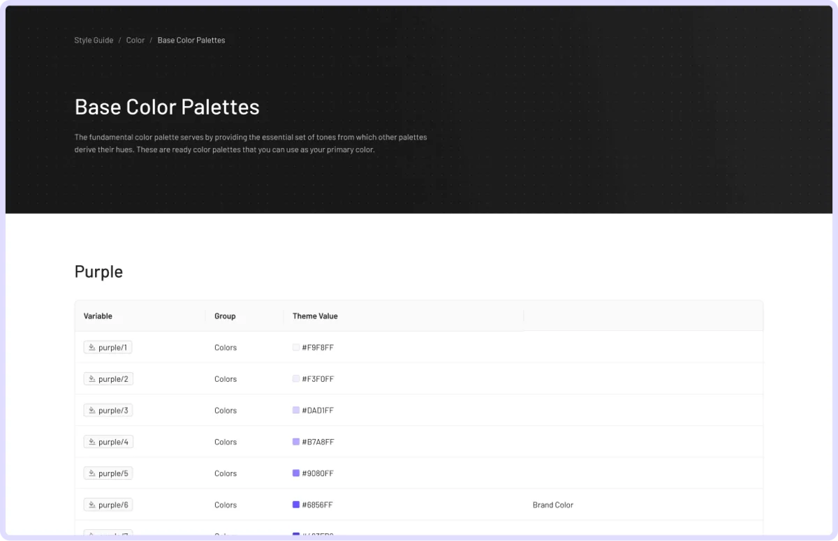 A design-system board titled Base Color Palettes: a purple table of variable names, groups and hex values from the lightest to the darkest step