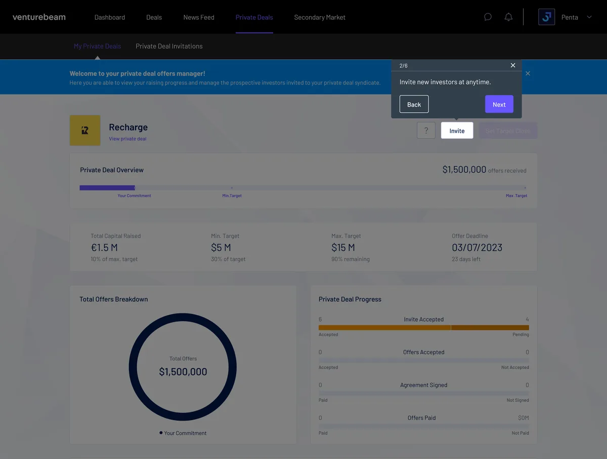 The same offers manager dimmed behind a welcome banner and a small tour card reading Invite new investors at anytime, pointing at the Invite button, with Back and Next controls